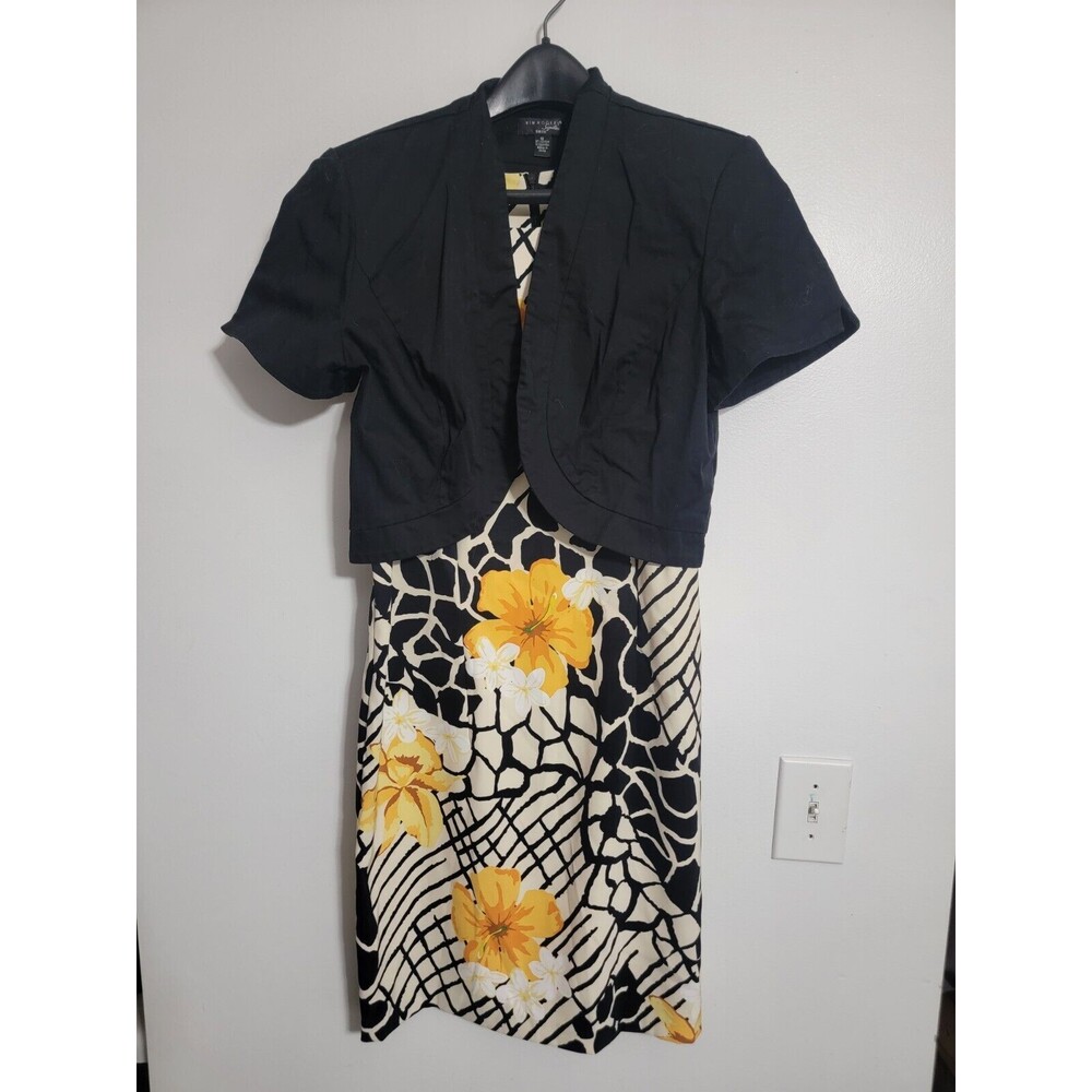Kim Rogers Woman 2 Pcs Shift Dress & Short Sleeve Jacket Set black floral Sz 12